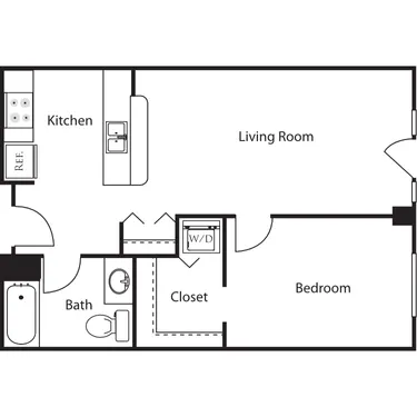 Floor plan for 1 bed, 1 bath, 532 sqft